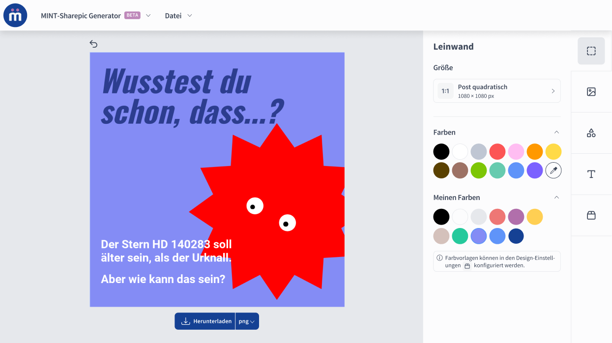 Bildschirmansicht der Arbeitsfläche des MINT-Sharepic-Generators